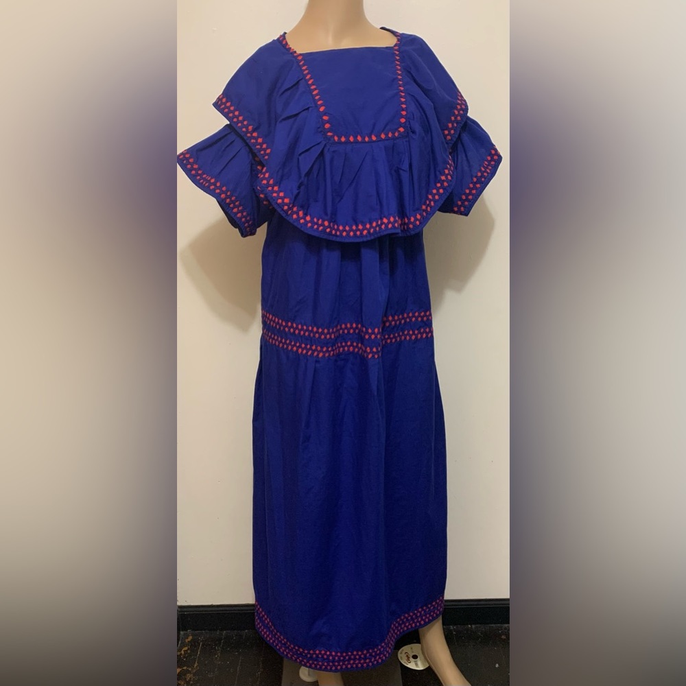 Women’s Handmade Ruffled Embroidered Blue + Red Costume Dress Coco Encanto M-L